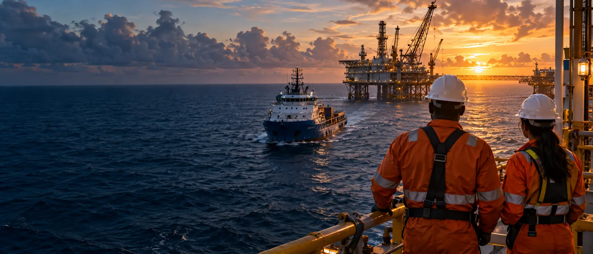 Offshore support vessel approaching an offshore platform at sunrise