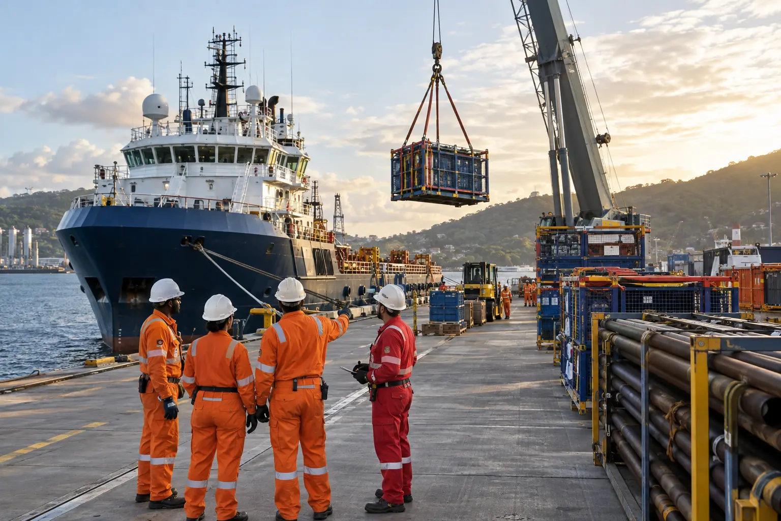 Supply vessel and shore-base logistics team coordinating cargo operations